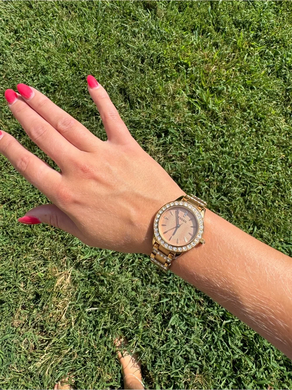Fossil Gold-Tone Watch with Rose Dial and Crystal Bezel